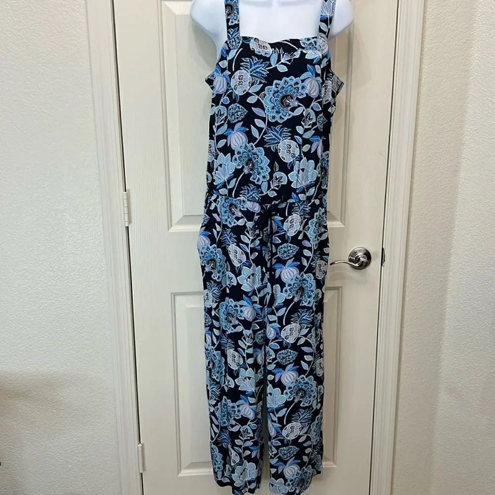 Loft Pant Jumpsuit Sz 6 Black Blue Square Neck Sleeveless Floral Pineapple Rayon